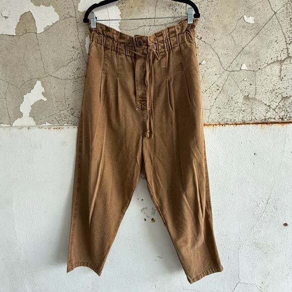 Free People Margate Pleated Paperbag Cropped Pants Brown Cotton Size Large - Picture 1 of 8